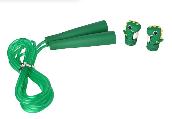 Green jump rope with dinosaur-shaped handles on a white background